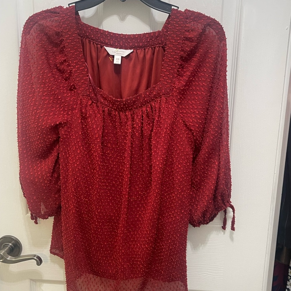 LC Lauren Conrad Red Smocked Blouse with Relaxed Sleeves